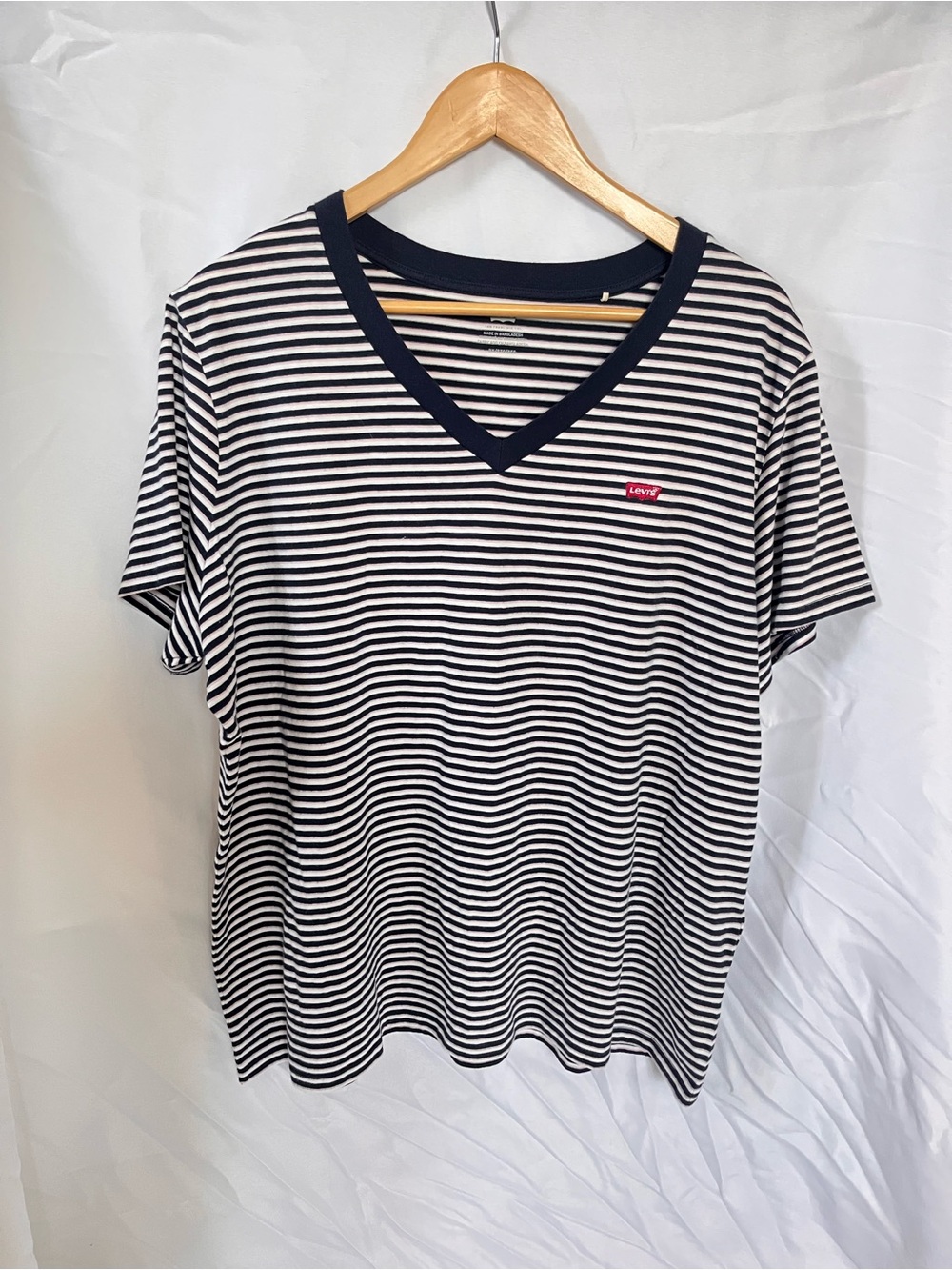 Levi's Navy, White & Pink Striped V-Neck Tee with Red Logo